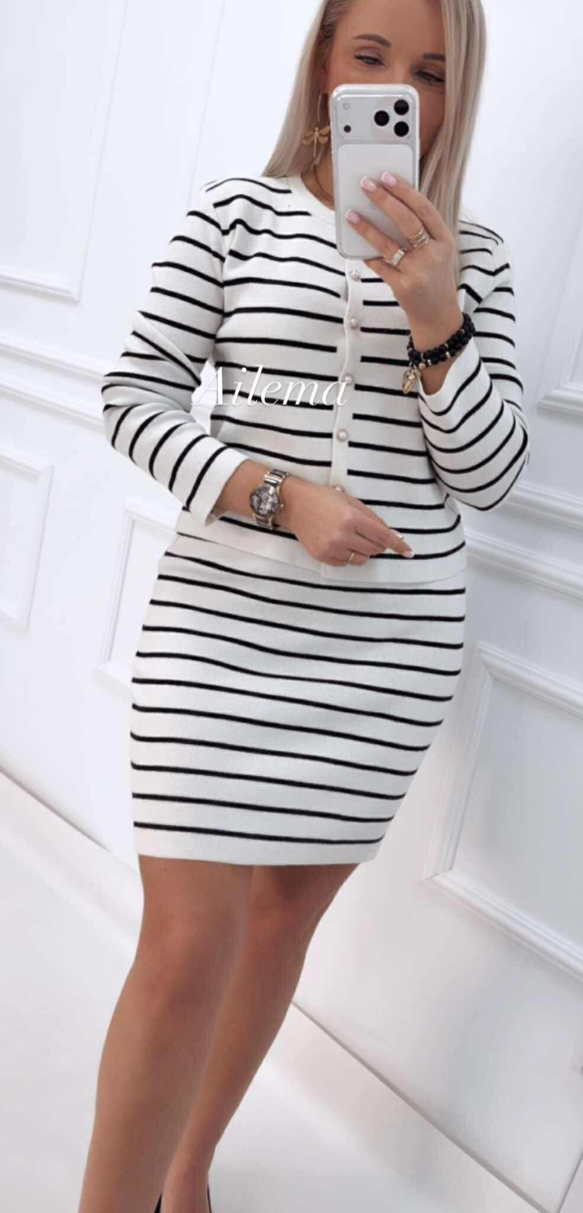 WYPRZEDAŻ Komplet sweterkowy QF 9093 w paski sweterek i spódnica 