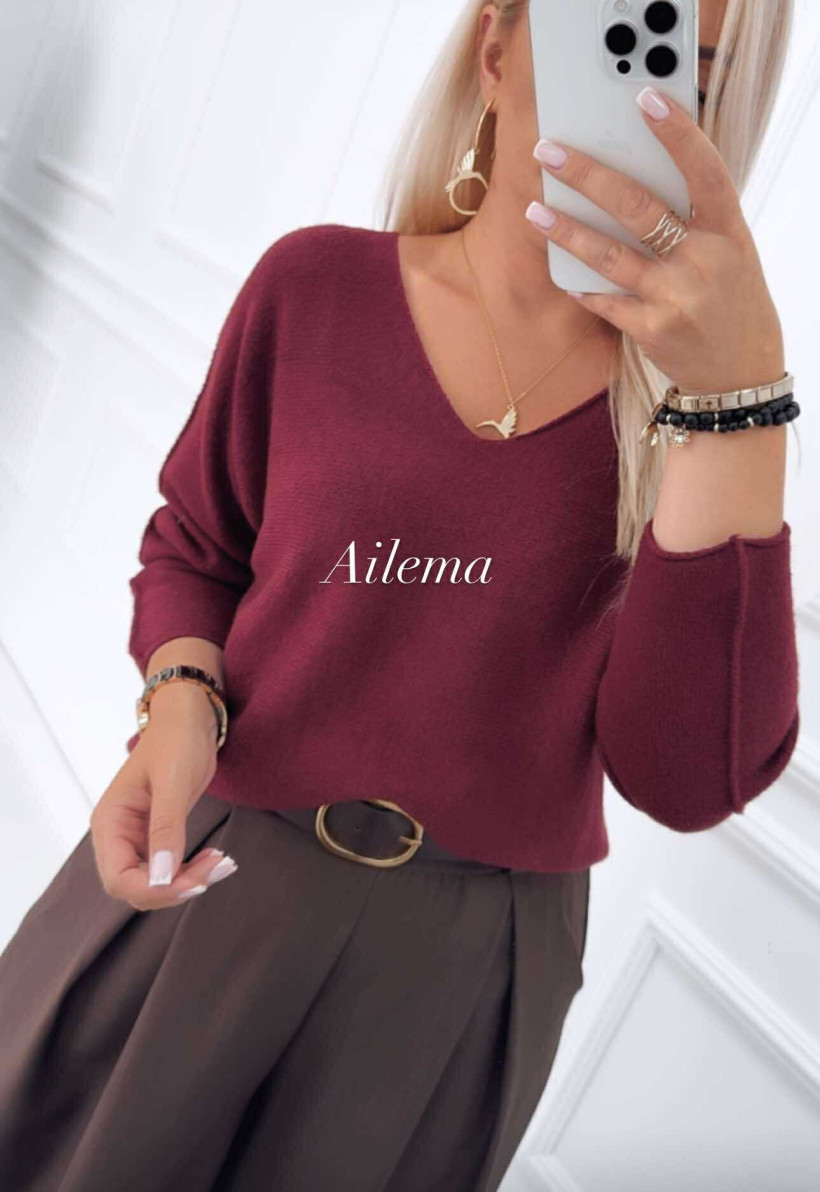Sweter ab2063 dekolt V, z przeszyciem na rękawie 
