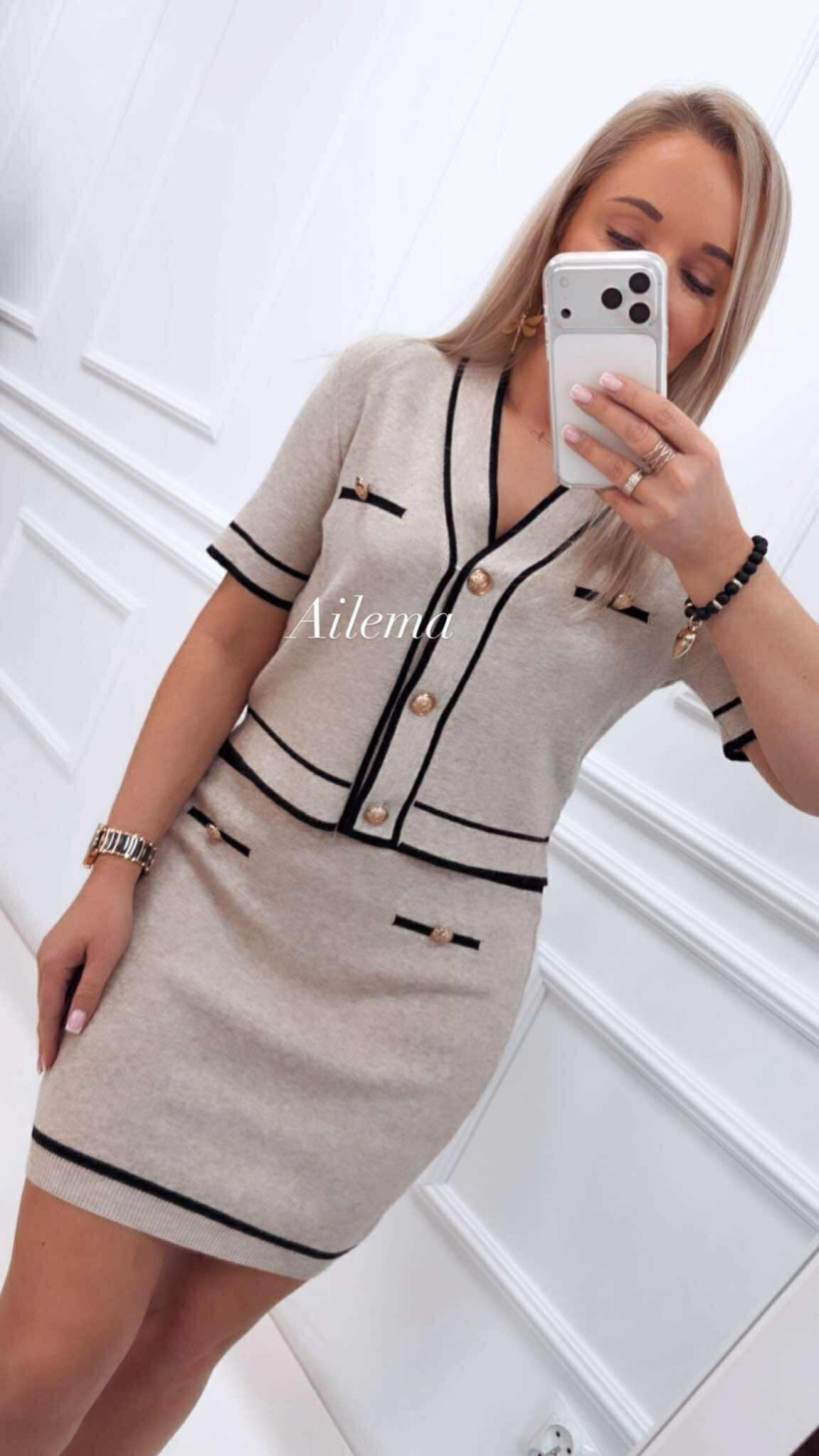 WYPRZEDAŻ Komplet bluzeczka na guziki spódnica QF-9081 z czarnym obszyciem