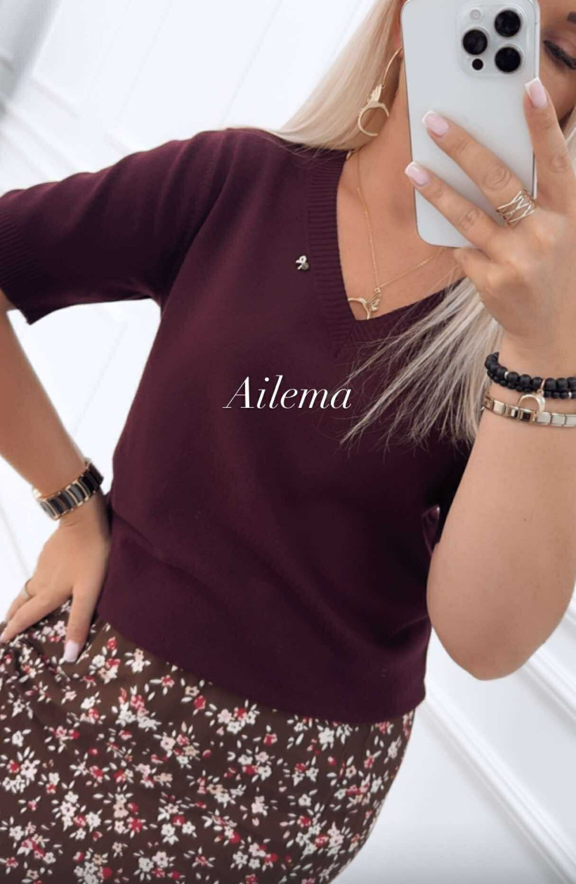 Sweter CV6363 dekolt V z ozdobną kokardką, krótki rękaw  