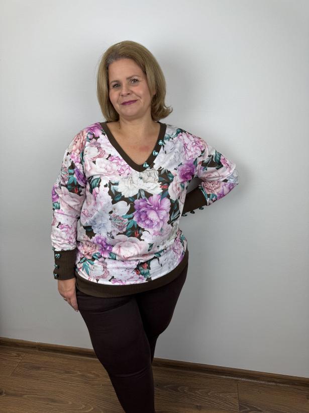 Bluza kolorowa, wzór kwiaty - 256 - czekolada