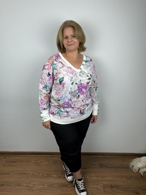 Bluza kolorowa, wzór kwiaty - 256 - śmietankowa