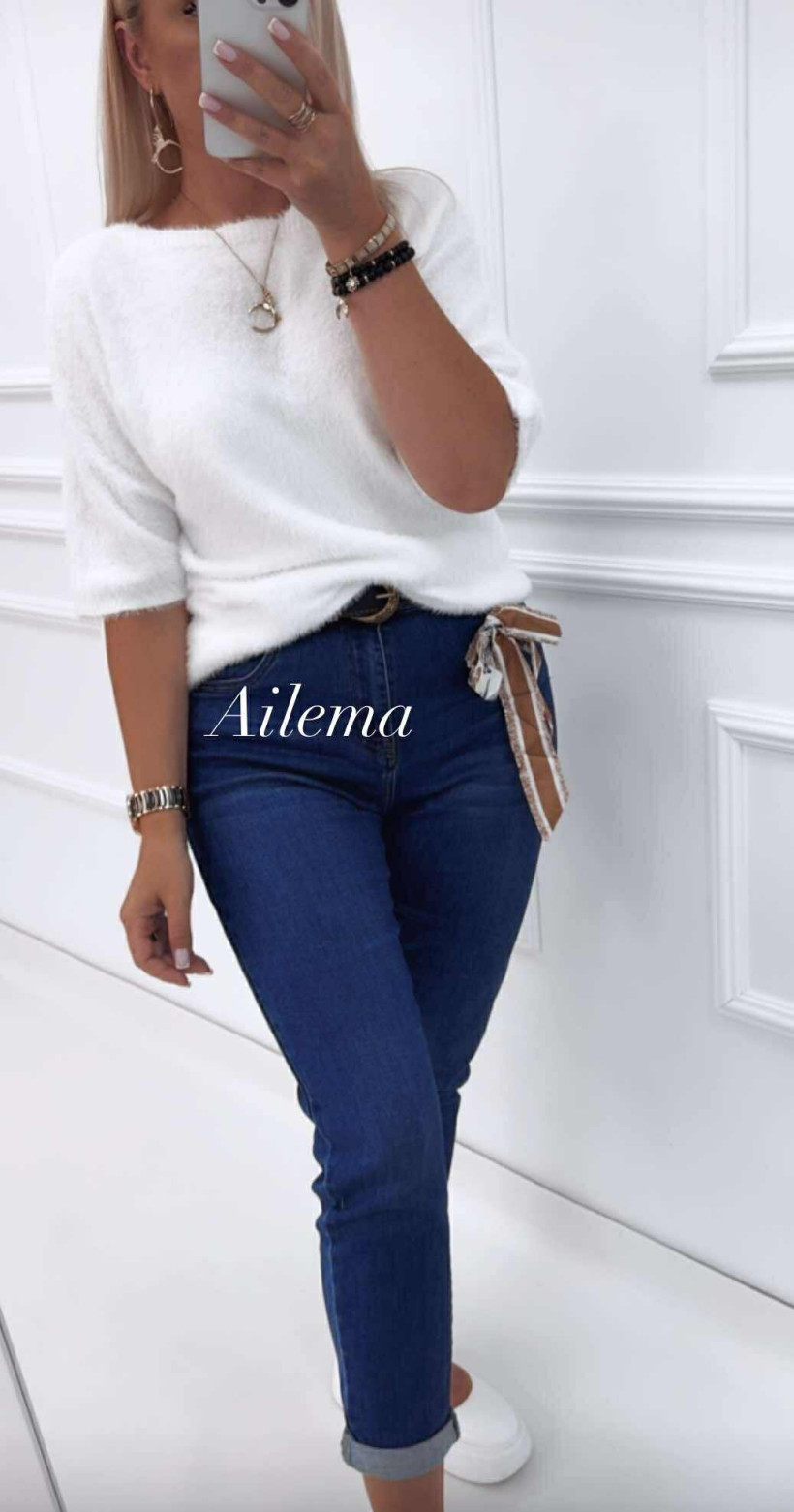 Jeansy M.Sara BF3601 ciemny jeans z ozdobnym  paskiem