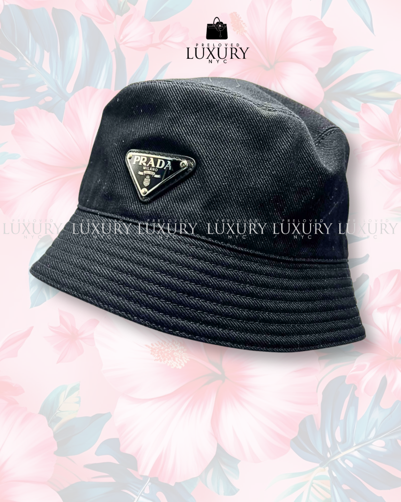 PRADA OTHER LINES DENIM BLACK SILVER TRIANGLE BUCKET HAT SIZE MEDIUM