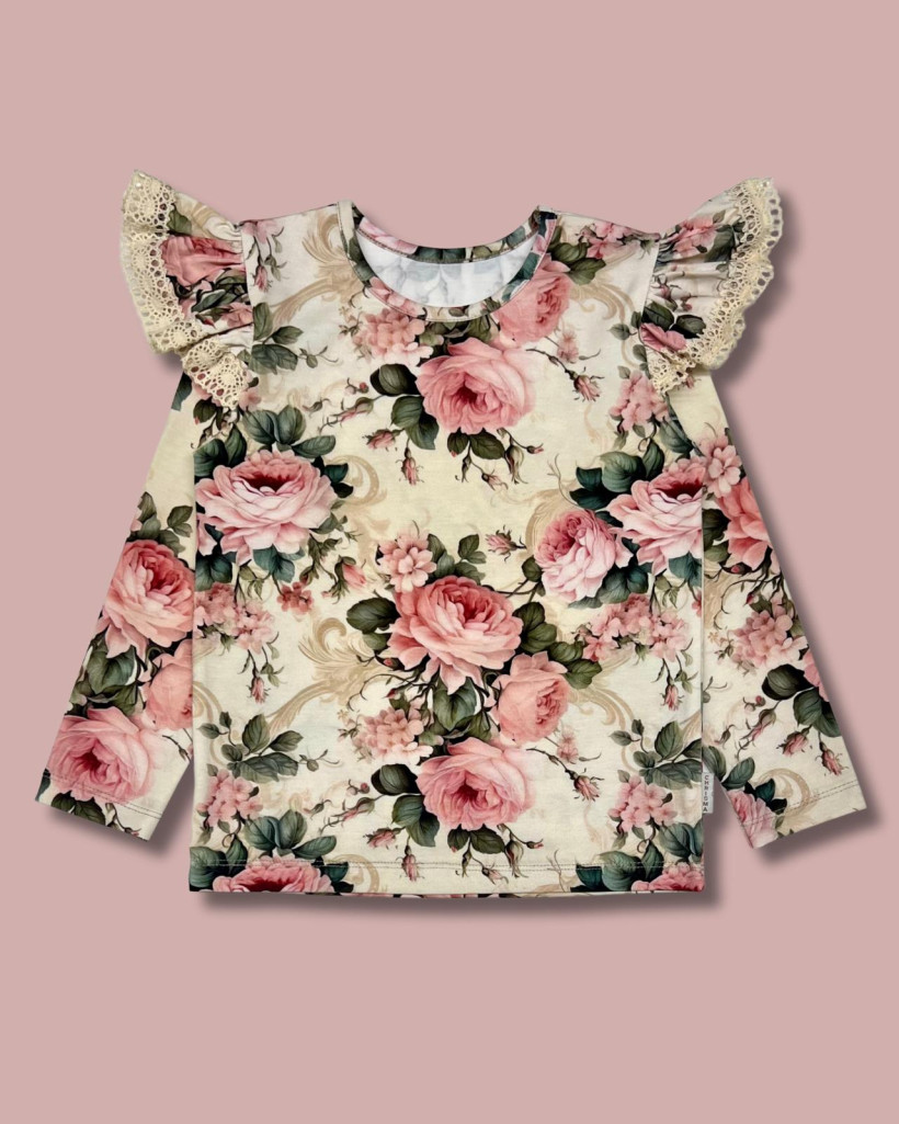 BLUZKA RÓŻE NA BEŻU Z MOTYLKIEM I KORONKĄ CHRISMA