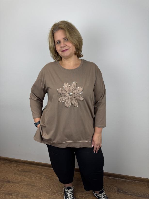 Bluzka z rogami, tasiemkowy kwiat - fs - 60512 - czekolada