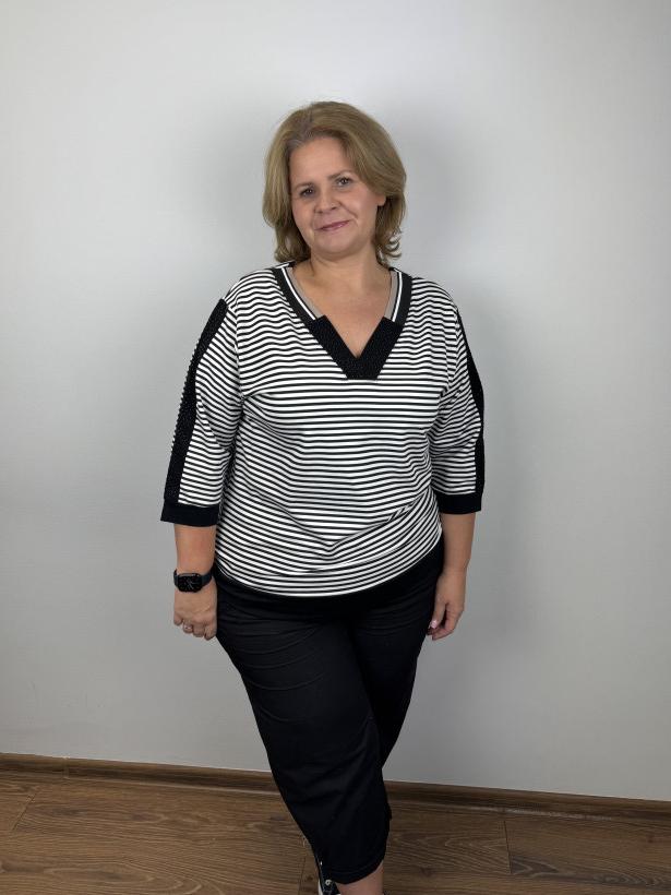 Bluzka w szpic, cienkie paski, wykończona cyrkoniami - megi - XL -  0463 - biało-czarna