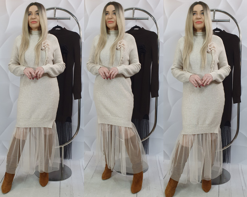 SUKIENKA SWETERKOWA Z TIULEM GRAYDON 24368 RB10 PRZECENA BEŻ