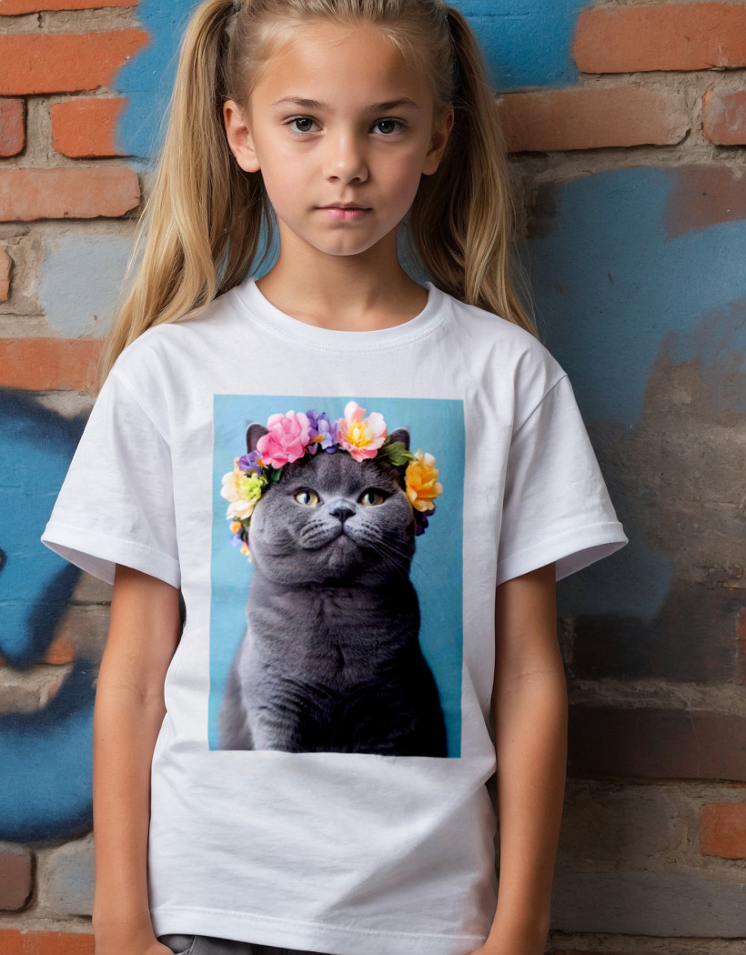ZA T-shirt Biały -  Szary kot z wiankiem
