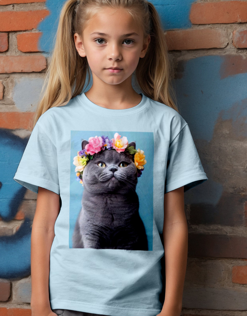 ZA T-shirt Błękit - Szary kot z wiankiem