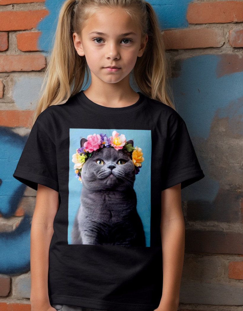 ZA T-shirt CZARNY - Szary kot z wiankiem