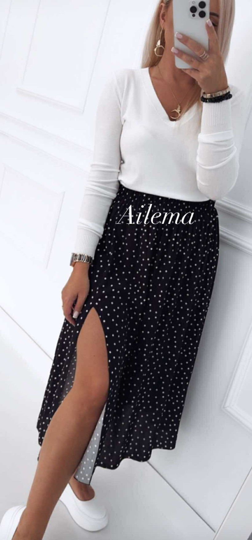 Spódnica ab2090 czarna w białe kropki