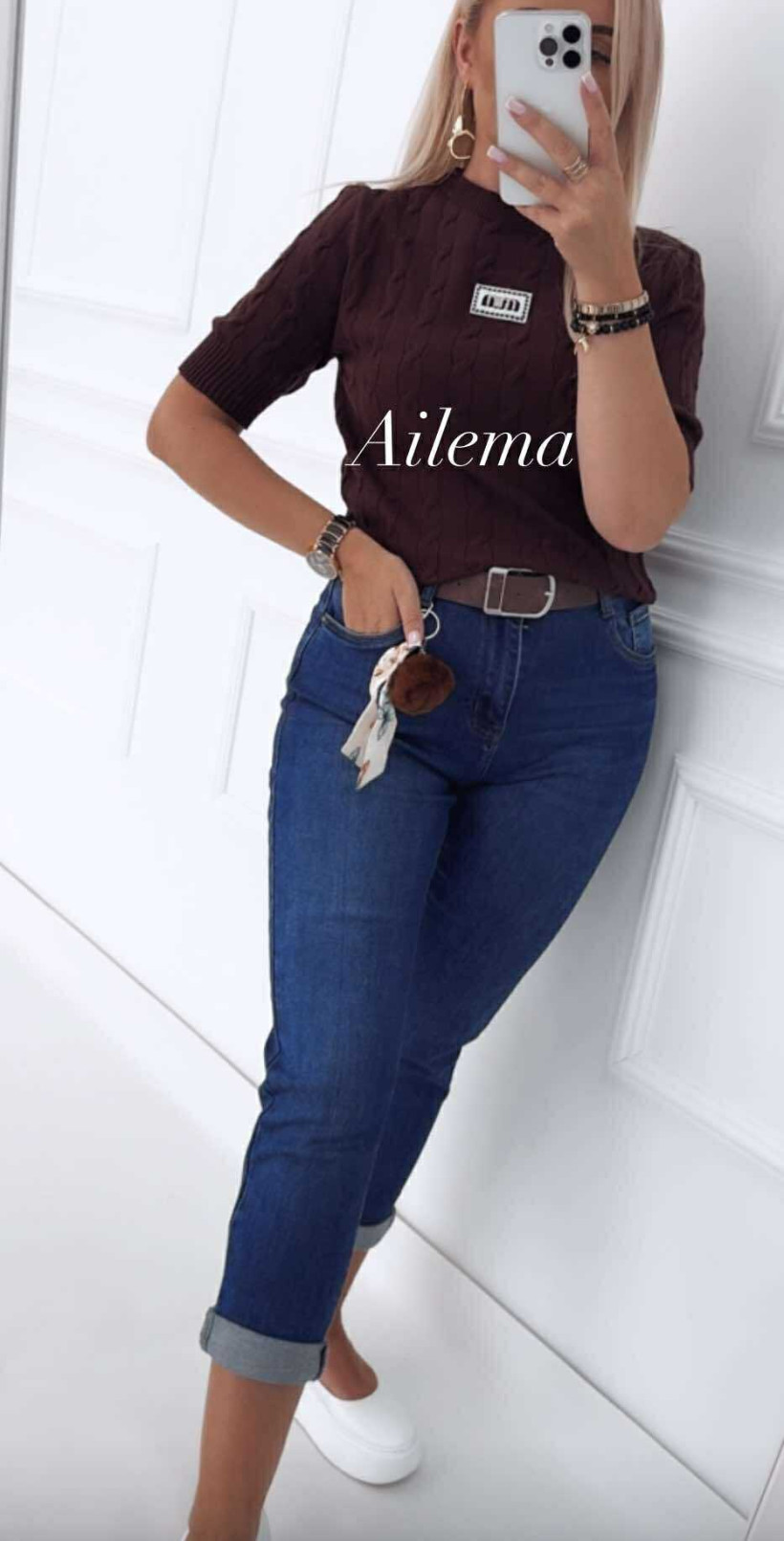 Jeans M.Sara mom fit BF3589-3 z paskiem i breloczkiem