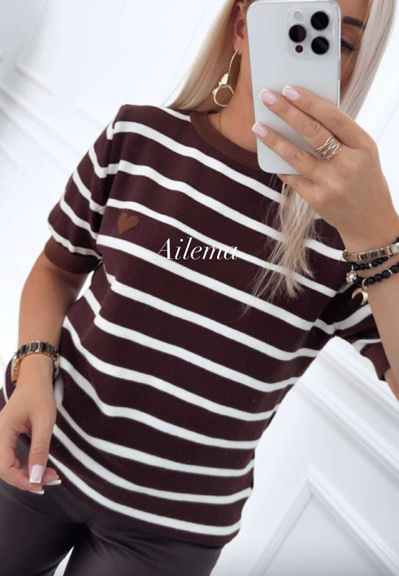 WYPRZEDAŻ Sweterek w paski ab2103 okrągły dekolt ozdobne serduszko