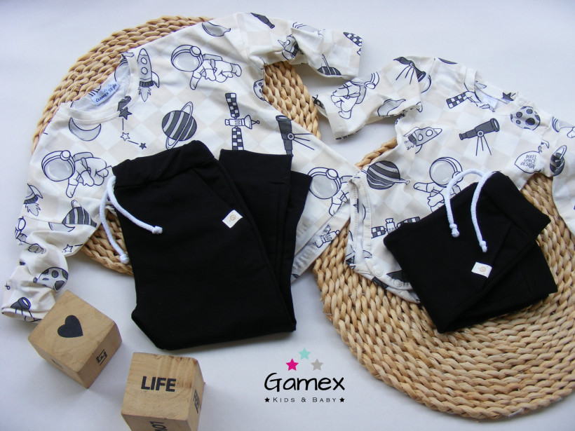 KOMPLET PLANETY - BODY(68-86)/BLUZKA (92-110) + CZARNE SPODNIE GAMEX