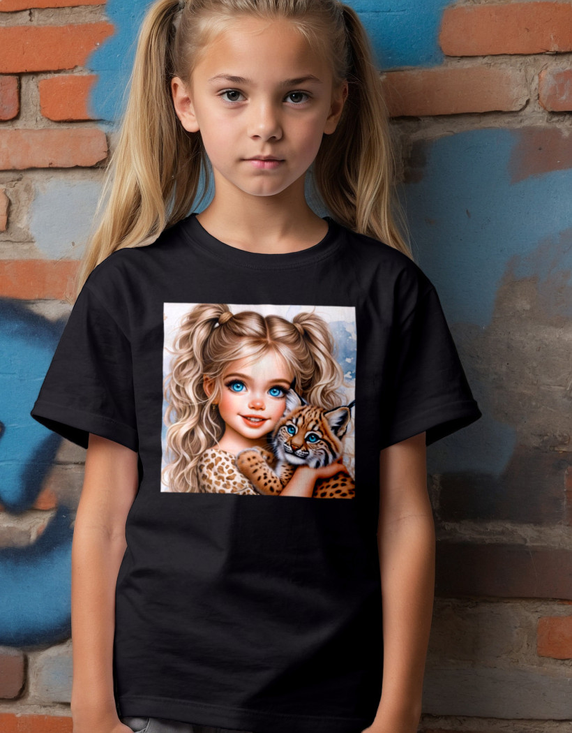 ZA T-shirt CZARNY - Dziewczynka z rysiem EKRAN