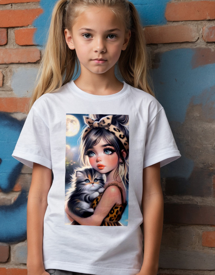 ZA T-shirt BIAŁY - Dziewczynka w beżowej panterce z kotem