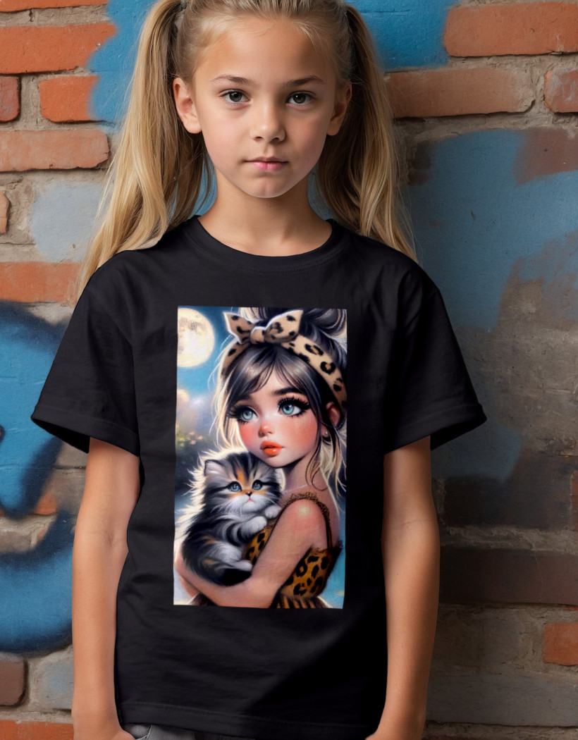 ZA T-shirt CZARNY - Dziewczynka w beżowej panterce z kotem