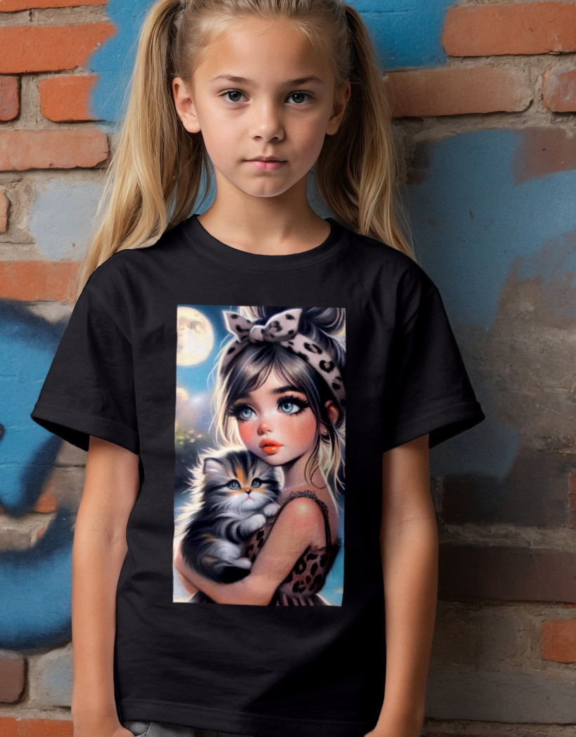 ZA T-shirt CZARNY - Dziewczynka w brązowo szarej panterce z kotem