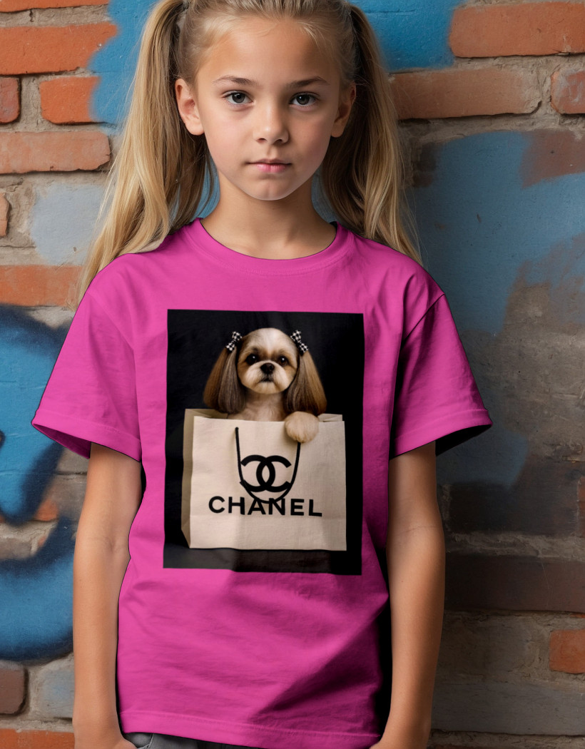 ZA T-shirt FUKSJA - Pies w torebce CHANEL