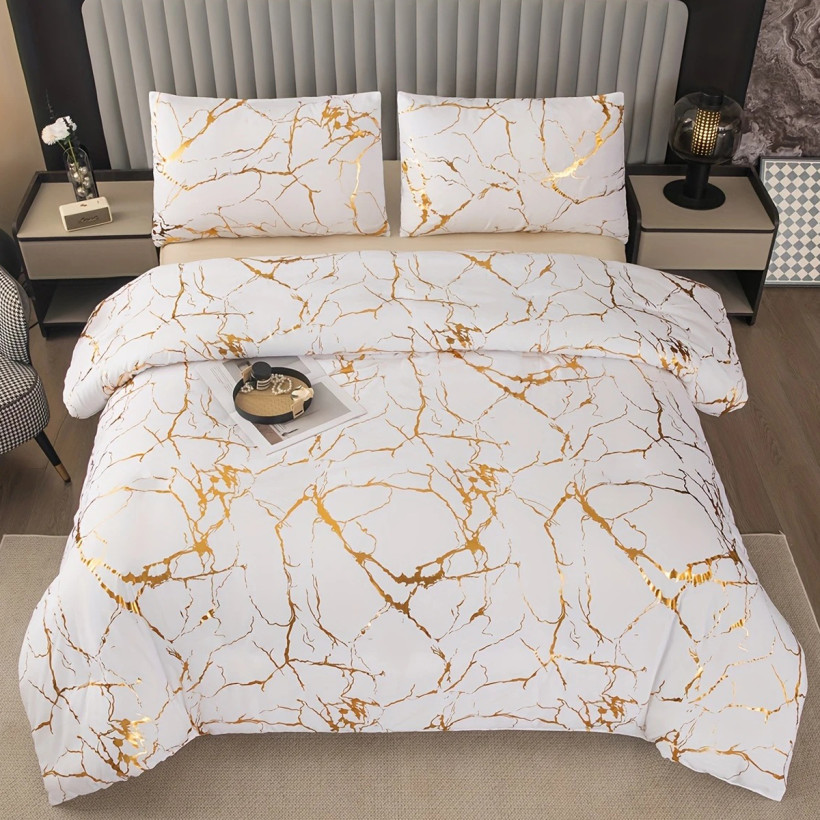 Pościel 160x200 cm 3 częściowa – Biała ze Złotym Wzorem | Elegancki Komplet Mikrofibra 