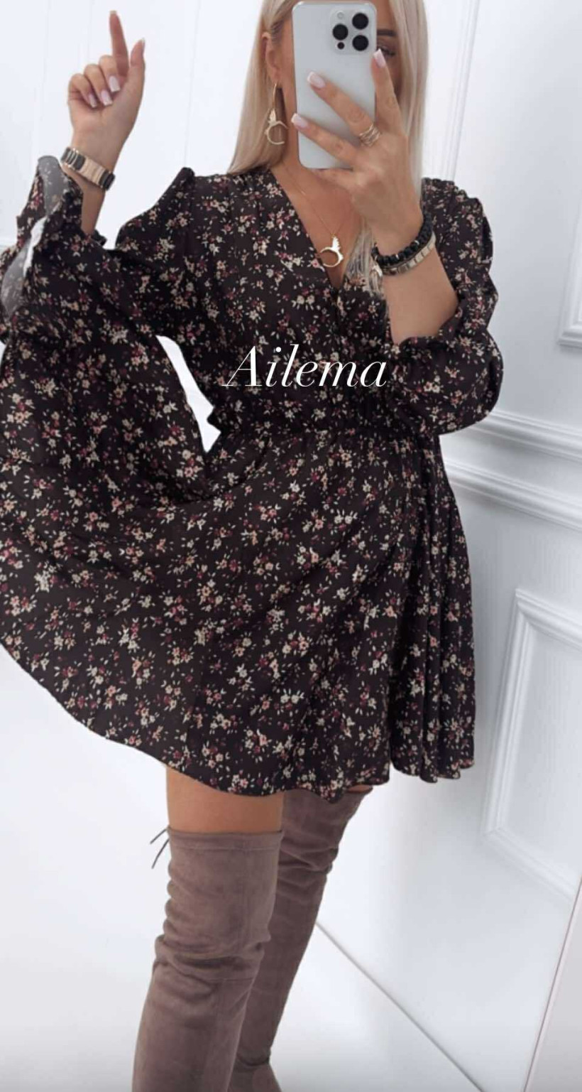 Sukienka mini ab2124 perełkowe guziki, brązowa w kwiatuszki 
