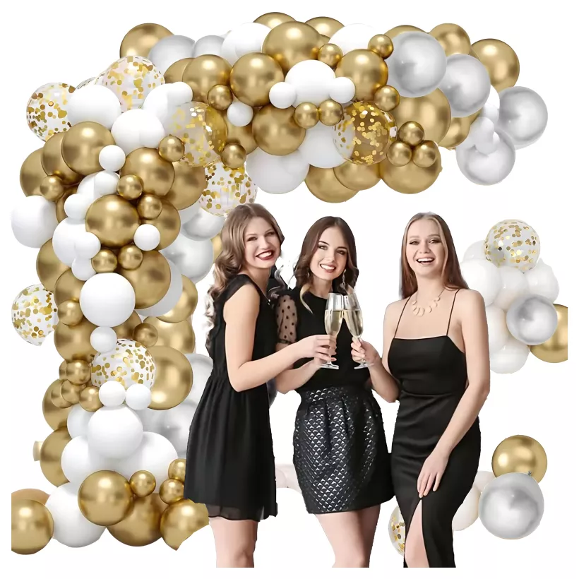 Girlanda Balonowa Biało-Złota z Transparentnymi Balonami – 110 Elementów, Dekoracja na Urodziny i Wesele