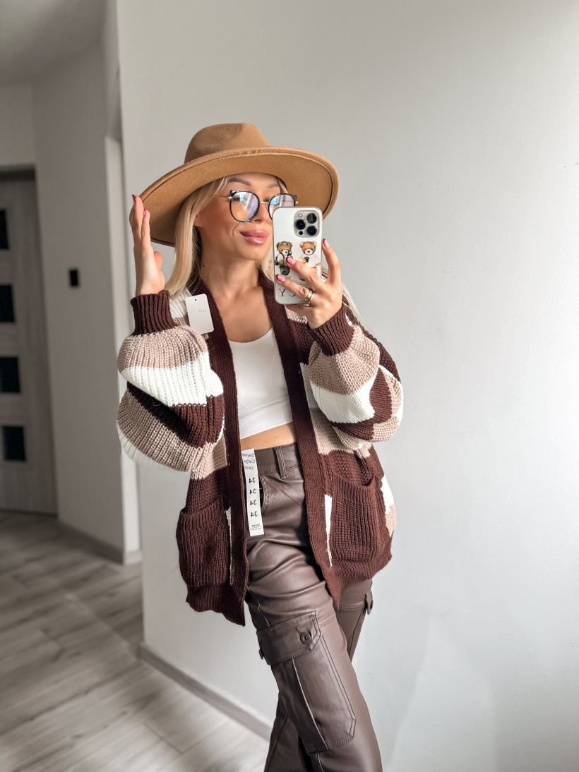Kardigan pasy czekolada-beż