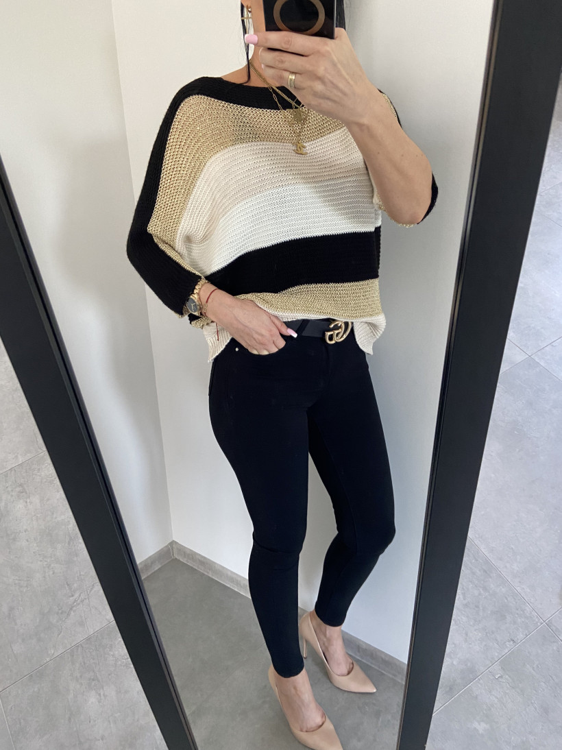 Sweter 114 w paski, złotka nitka