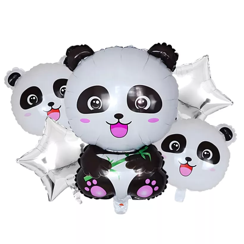 Zestaw Balonów Urodzinowych Panda – 5 szt., Balony Foliowe Zwierzęta i Srebrne Gwiazdki