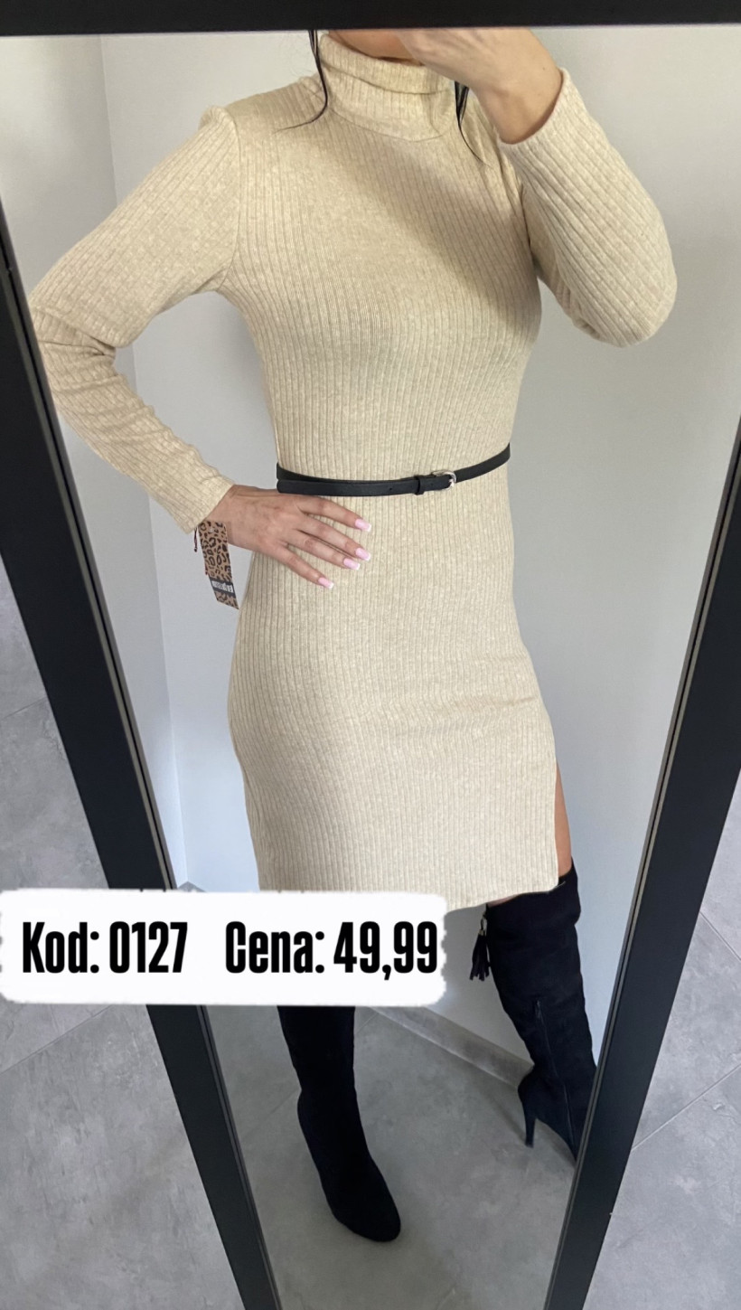 Sukienka 0127 prążek midi, sweterkowa z golfem