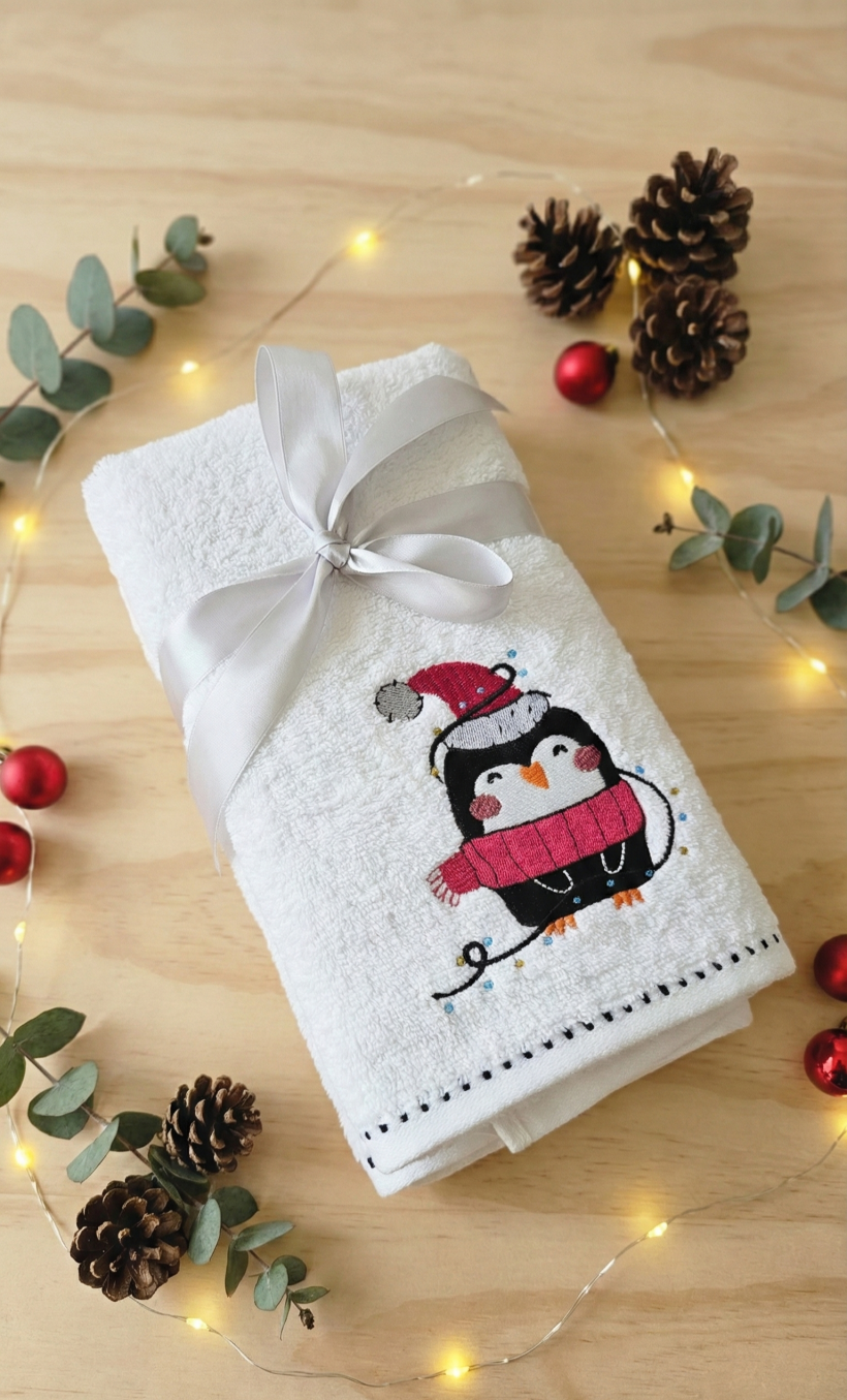 Prezentowy zestaw ręczników świątecznych haftowanych 2szt 40x70cm pingwin