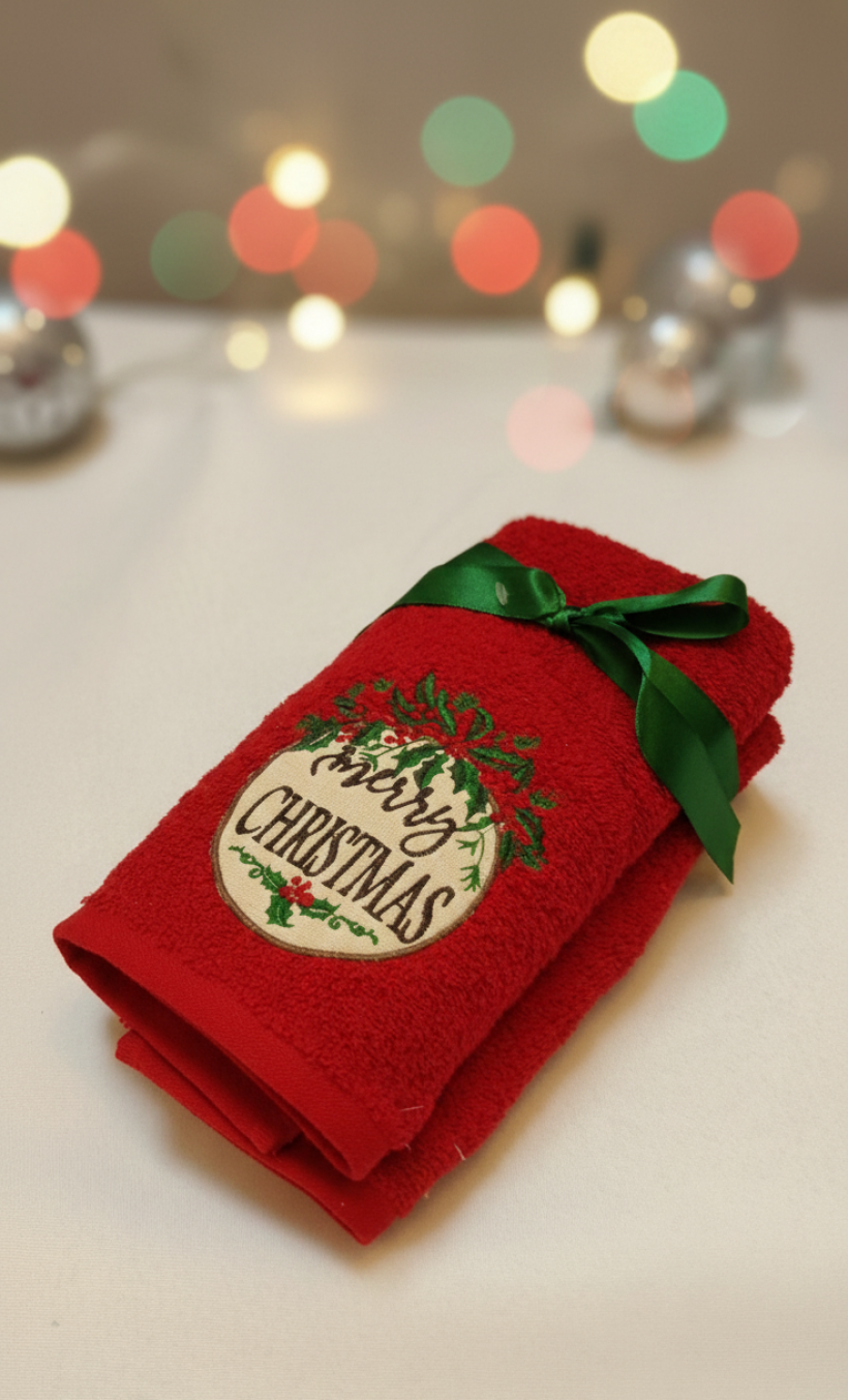 Prezentowy zestaw ręczników świątecznych haftowanych 2szt 40x70cm czerwony Merry  Christmas