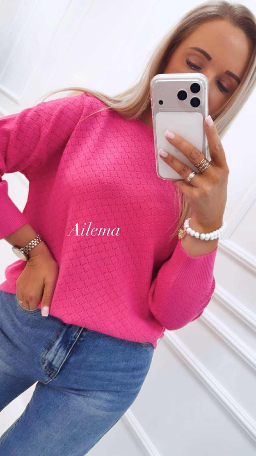 Sweterek T-6487 ażurkowe wzory okrągły dekolt