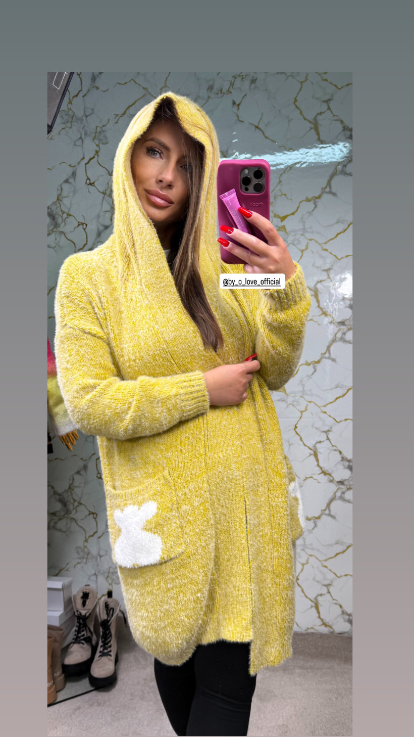 Nowy sweter damski Musztardowy długi z misiem unii