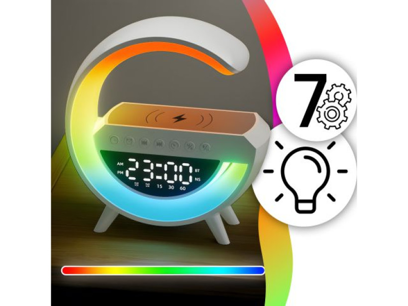 LAMPKA NOCNA LED RGB ŁADOWARKA INDUKCYJNA BLUETOOTH ZEGAR RADIO GŁOŚNIK