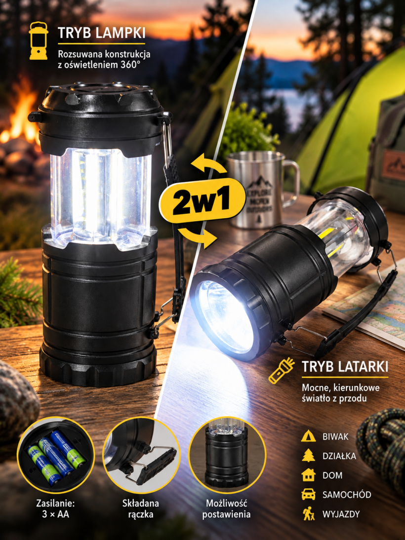 Latarka kempingowa 2w1 LED rozsuwana z rączką na 3 baterie AA