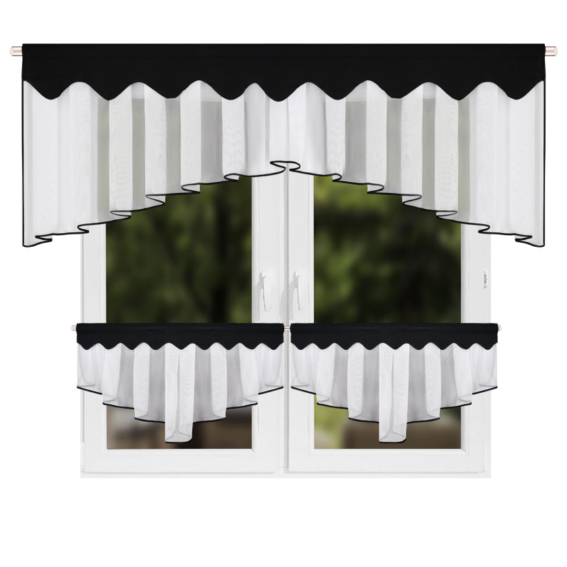 Firana gotowa 200x80cm z woalu i panama stretch w łuk z zazdrostkami – czarna L616