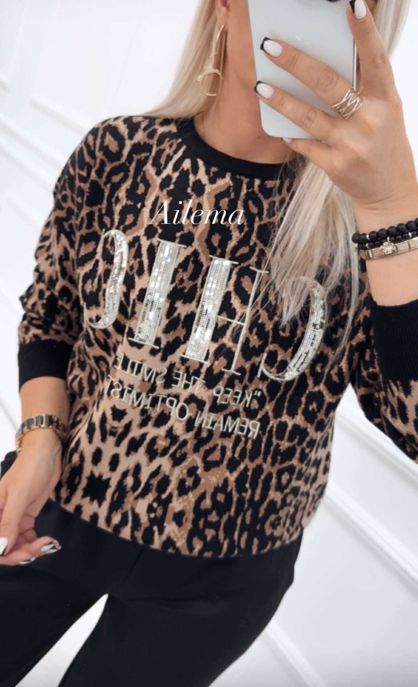 Bluza w panterkę Cosmoda K5779 złoty napis