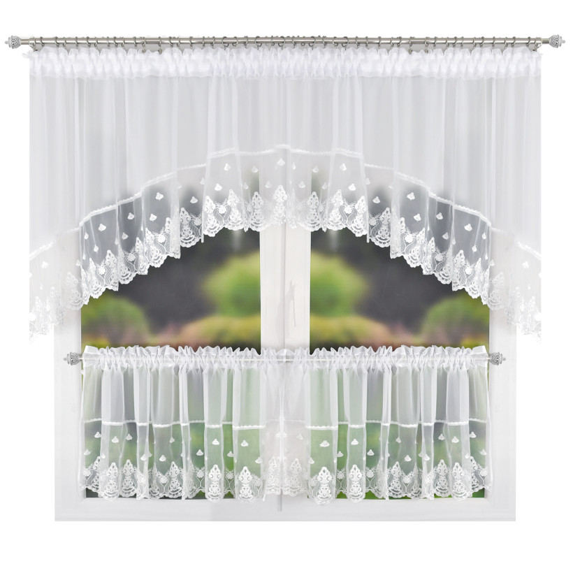 Firana gotowa z woalu w łuk z haftem + 2 zazdrostki 145x50 cm – biała L618