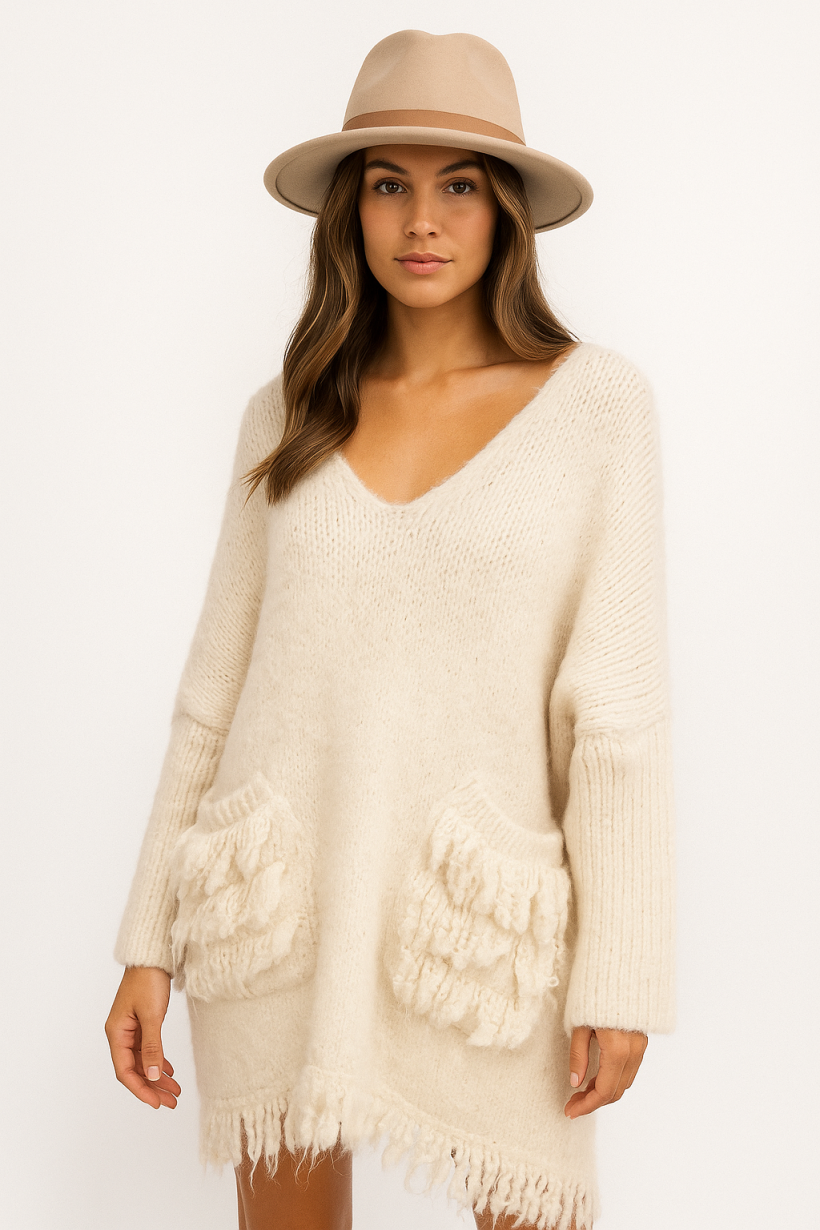 SWETER FRĘDZLE KIESZENIE