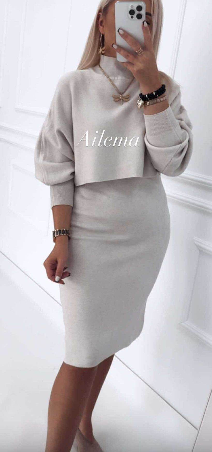 Komplet QF-9054 krótki sweter półgolf i sukienka 