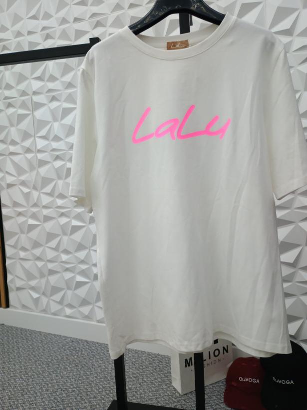 T-shirt Lalu Ecru z różowym logo