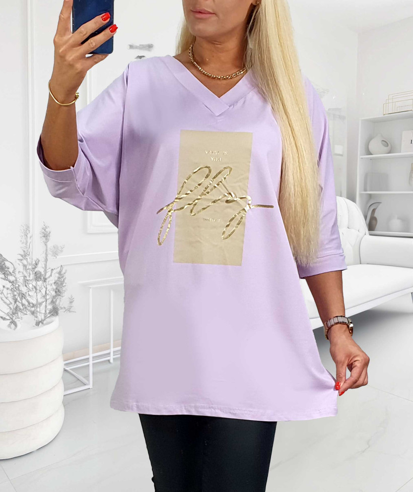 Tunika Bawełniana Plus Size ze złotym napisem Fly - lila