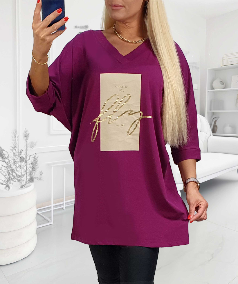Tunika Bawełniana Plus Size ze złotym napisem Fly - amarant