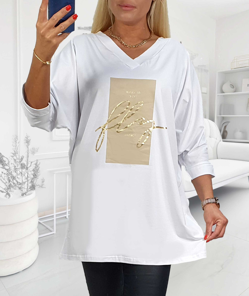 Tunika Bawełniana Plus Size ze złotym napisem Fly - biały