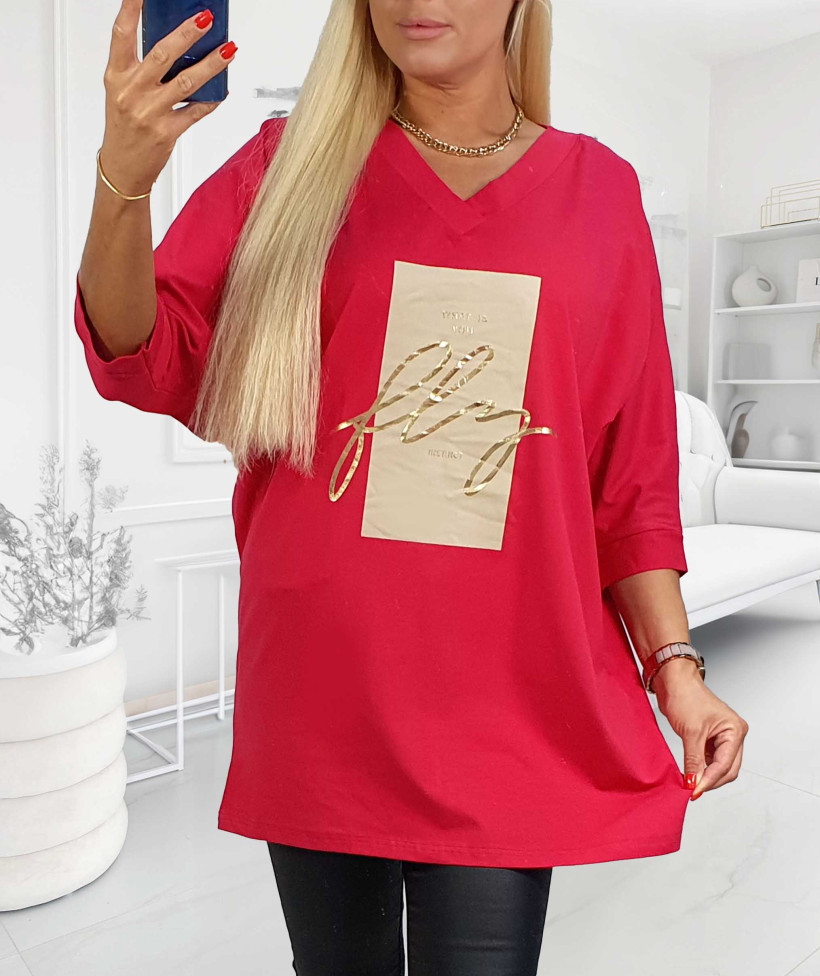 Tunika Bawełniana Plus Size ze złotym napisem Fly - czerwona