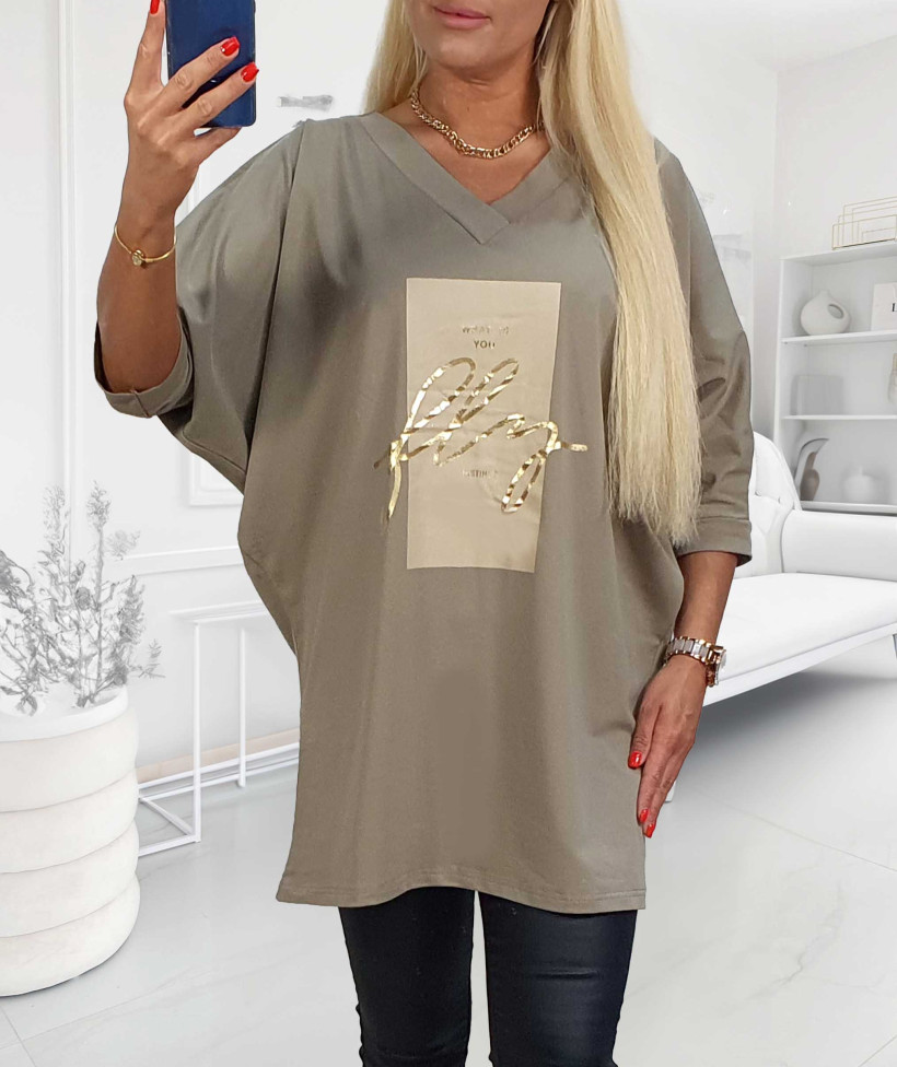 Tunika Bawełniana Plus Size ze złotym napisem Fly - latte