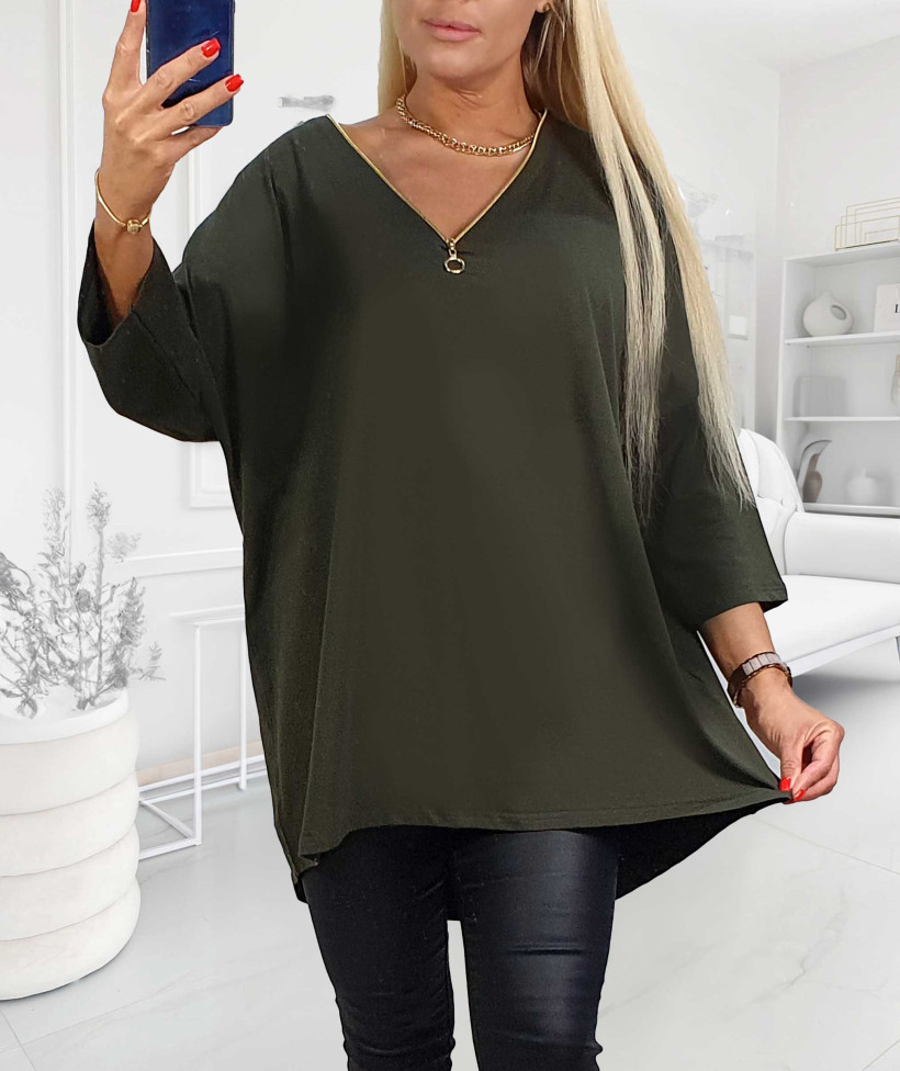 Tunika Bawełniana Plus Size z zamkiem - khaki