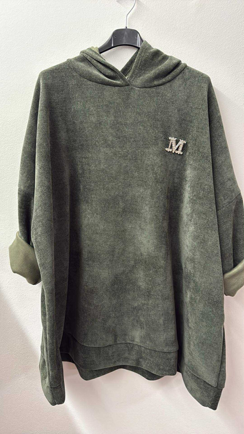 Italia nr.IV - Bluza oversize jednokolorowa z kapturem ala sztruks - wł. - 27771 - oliwka
